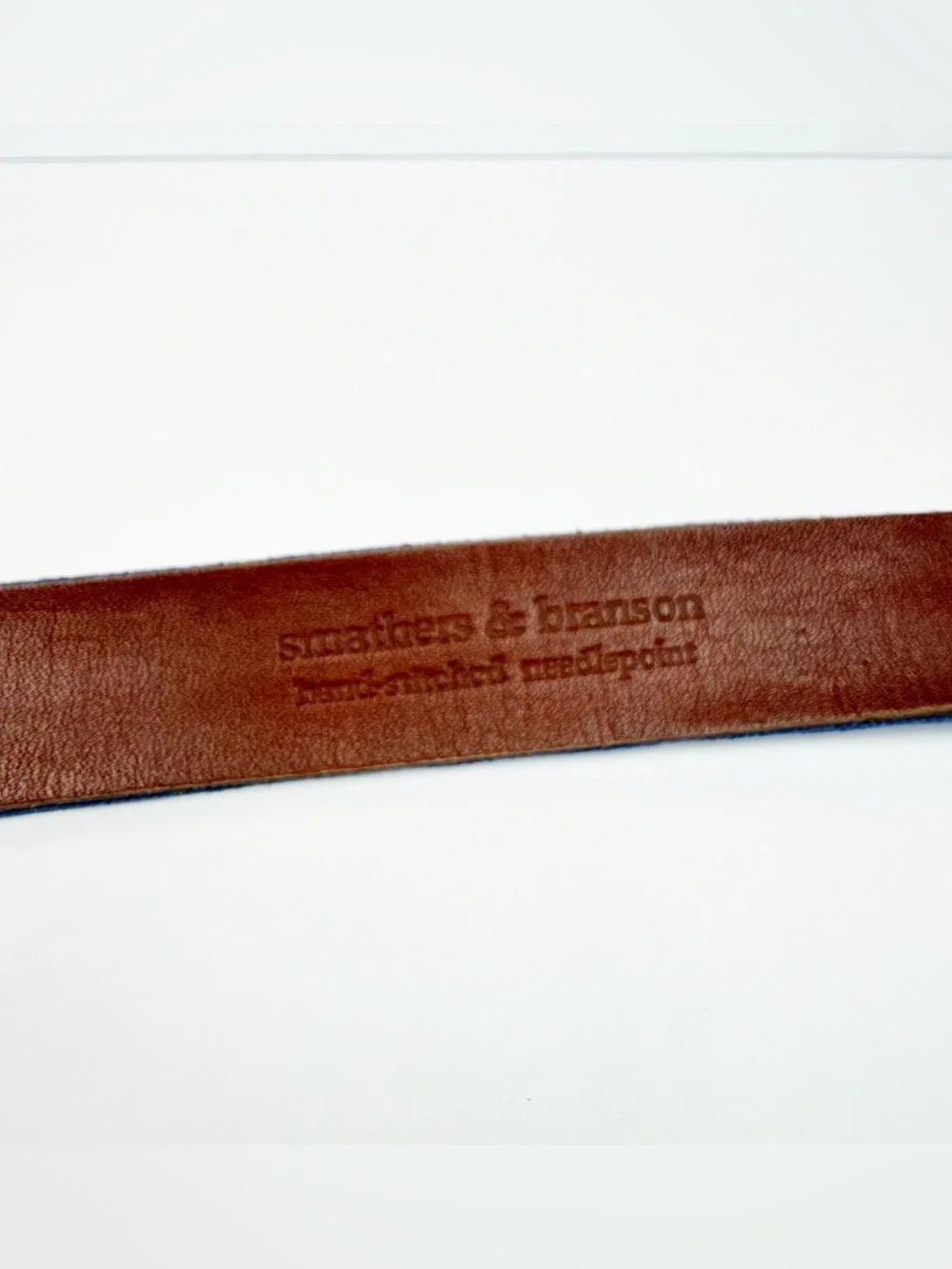Smathers & Branson Mens Golf Flag Needlepoint Belt Navy Blue Leather Size 42